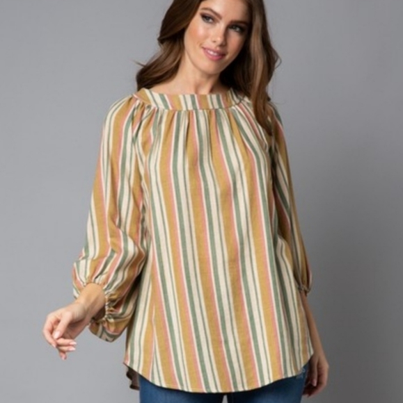 Striped Linen Cottoncore Half Puff Sleeve Blouse Top Rayon Linen Blend - Picture 1 of 8